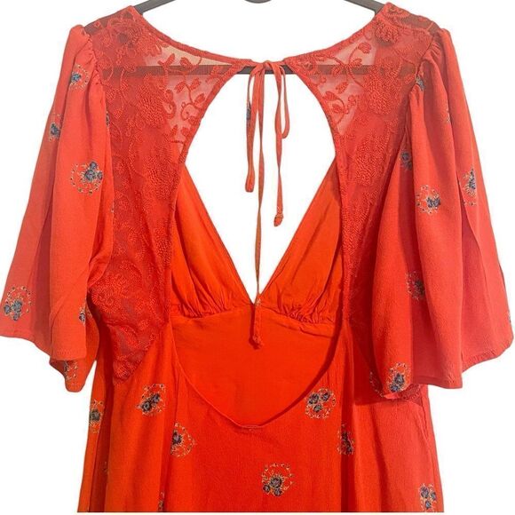 Free People Mockingbird Coral Red Floral Backless Mini Dress - Picture 5 of 8